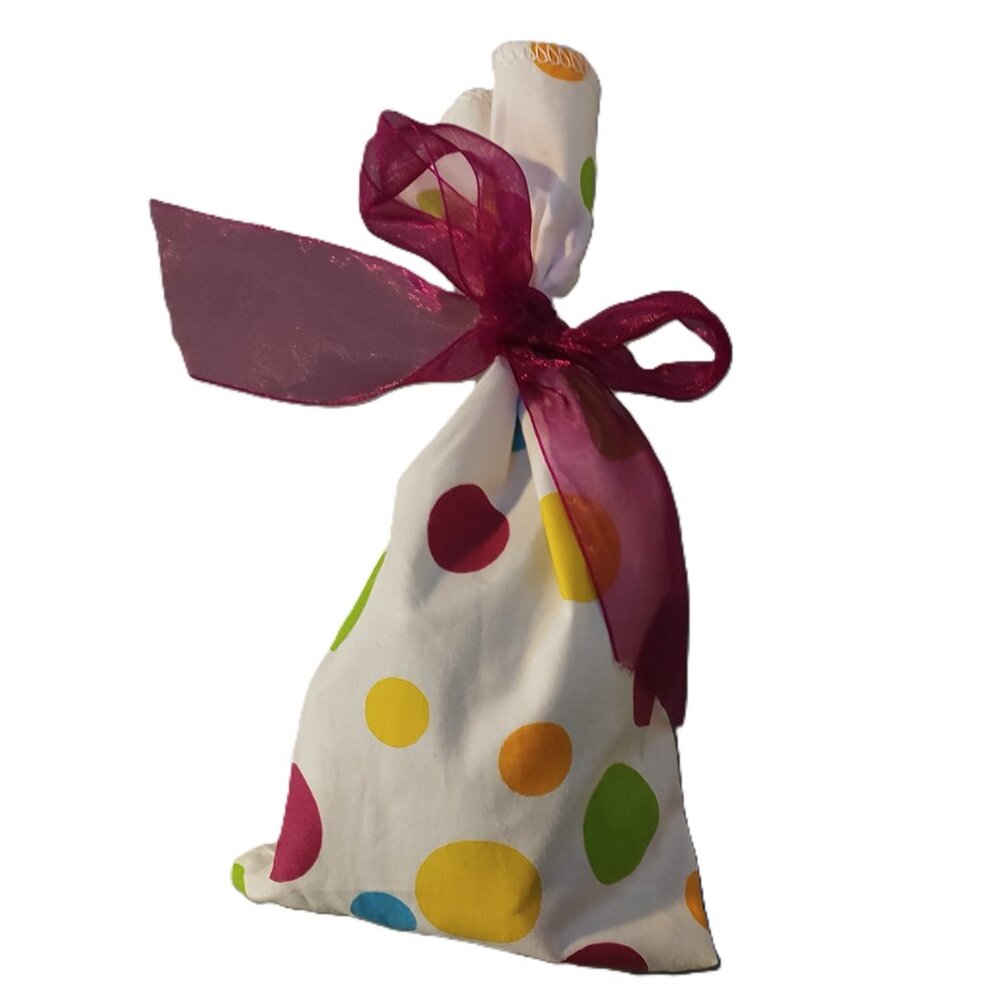 Small Reusable Fabric Gift Bag White with Multicolor Polka Dots and a Ribbon